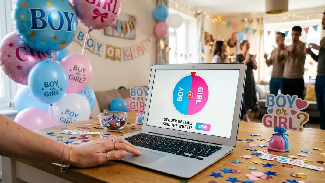 A wheel spinner showing two large equal segments labeled Boy in blue and Girl in pink on a laptop screen, beside a gender reveal party setup with blue and pink balloons and confetti in the background