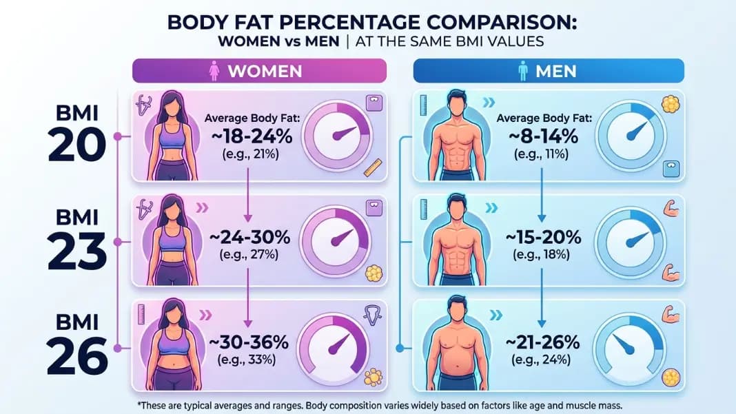 Two-column diagram comparing typical body fat percentages in women versus men at the same BMI values of 20, 23, and 26, showing women carry higher fat percentages at each equivalent BMI number