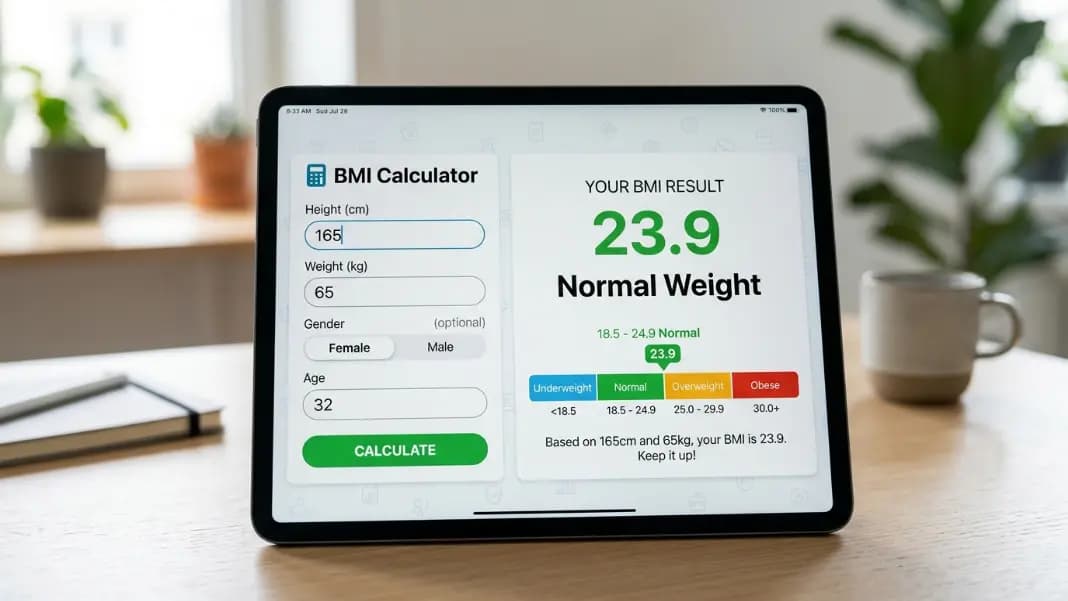 BMI calculator interface showing a woman's height entered as 165 centimeters and weight as 65 kilograms, with a result panel displaying a BMI of 23.9 in the normal range on a color-coded scale from underweight to obese
