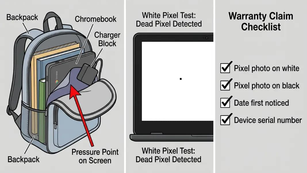 A three-panel diagram showing Chromebook dead pixel causes and the documentation process: left panel shows a cross-section of a school backpack with a charger block pressing against the closed Chromebook lid with a red arrow marking the pressure point on the panel; center panel shows a magnified Chromebook screen with a single black dead pixel dot visible against the white test background; right panel shows a warranty claim checklist with boxes checked for pixel photo on white background, pixel photo on black background, date first noticed, and device serial number