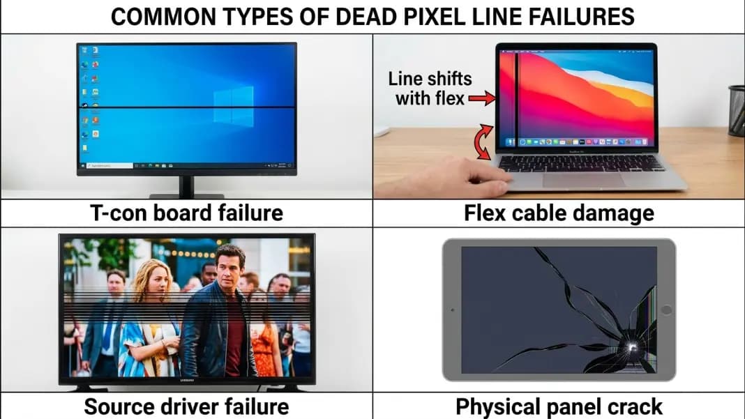 A four-panel diagram showing different dead pixel line failure types: a monitor with a clean horizontal black line labeled T-con board row failure, a laptop with a vertical line that appears to shift position when the lid is flexed labeled flex cable damage at hinge, a Samsung TV with multiple thin horizontal lines labeled T-con board source driver failure, and a screen with an irregular line radiating from a corner impact point labeled physical panel crack damage