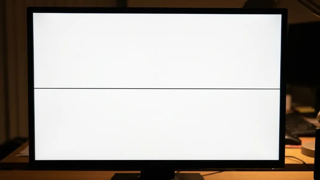 A desktop monitor in fullscreen mode showing a straight horizontal black line of dead pixels running from edge to edge across the middle of a solid white test background, with the rest of the screen showing clean uninterrupted white, the line clearly visible as a thin dark band approximately one pixel tall