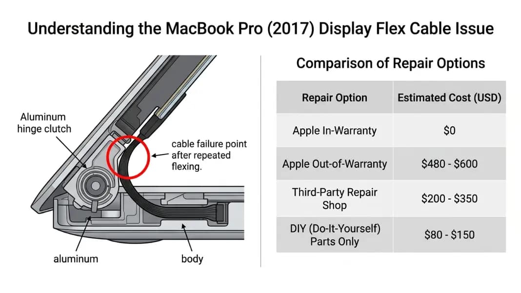 A two-panel diagram: the left panel shows a labeled cross-section of the MacBook Pro 2017 hinge with the display flex cable routing highlighted, a red circle marking the tight bend radius where conductor failures occur after thousands of open-close cycles; the right panel shows a repair cost comparison table with four rows: Apple in-warranty at $0, Apple out-of-warranty at $480 to $600, third-party repair at $200 to $350, and DIY parts only at $80 to $150 with a note indicating the difficulty level of each option
