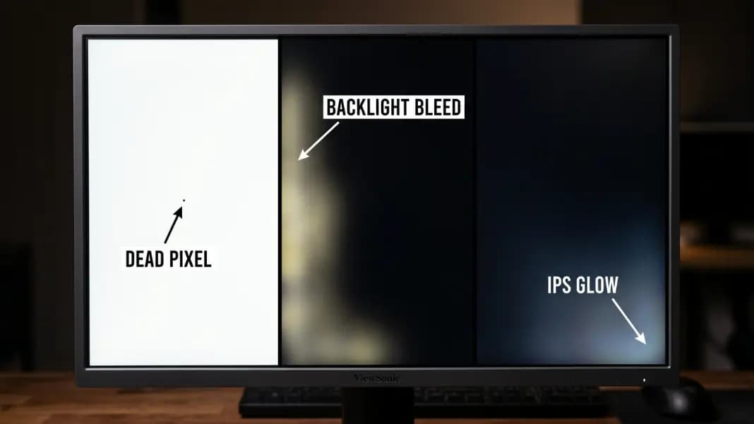 Close-up of a monitor bezel area showing the visual difference between three display anomalies side by side: a sharp black dead pixel dot at a precise location, a diffuse soft-edged backlight bleed patch near the corner, and a shifting IPS glow brightening in the corner that changes with viewing angle