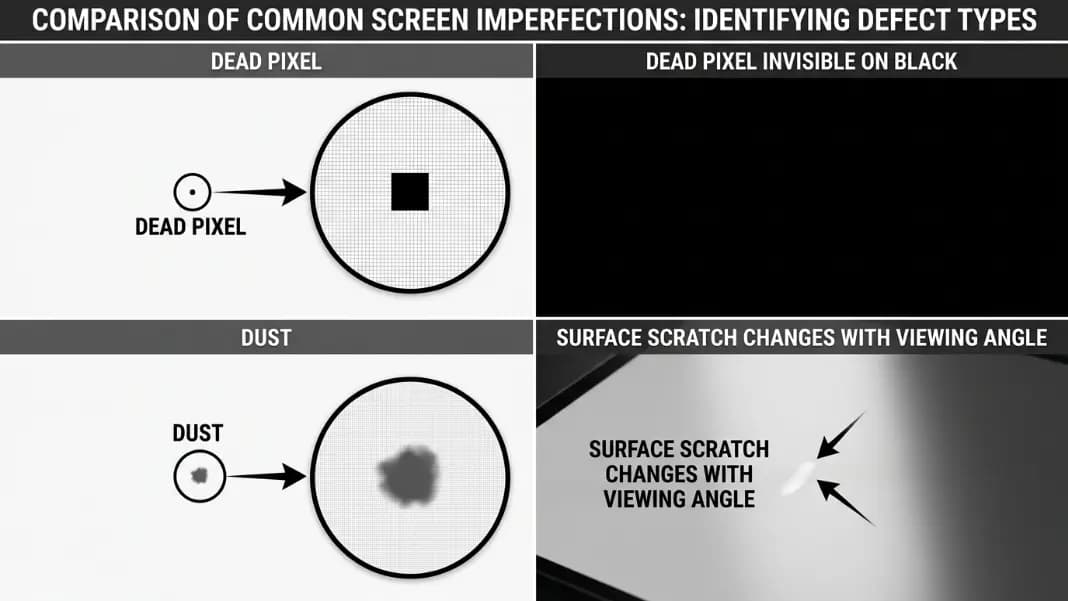 A four-panel comparison showing the same area of a screen under different test conditions: top-left shows a black dot on a white background labeled dead pixel with a callout showing sharp pixel-exact edges; top-right shows the same screen on a black background with the dot completely invisible labeled dead pixel invisible on black; bottom-left shows the same area with soft irregular edges on a white background labeled dust with a callout highlighting the fuzzy border; bottom-right shows the same spot tilted at an angle with a reflective bright mark appearing labeled surface scratch changes with viewing angle