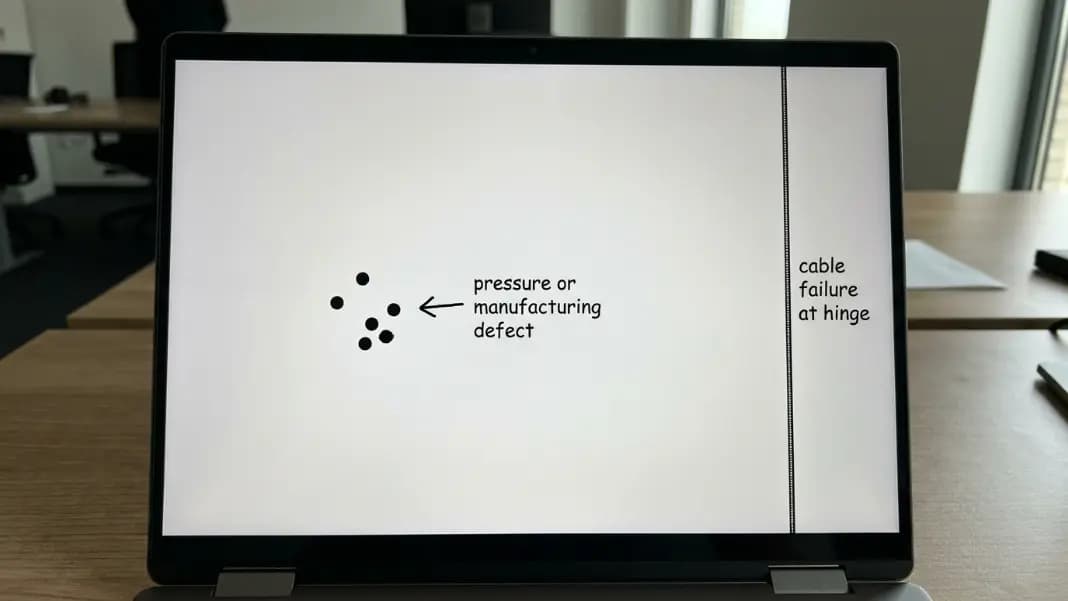 A side-by-side comparison on a laptop screen showing two distinct dead pixel patterns: on the left, an irregular cluster of five black dots near the center of a white test background with an arrow and label reading pressure or manufacturing defect; on the right, a straight vertical line of black pixels near the right screen edge with an arrow and label reading cable failure at hinge, both patterns shown with the laptop lid partially open to illustrate the flex test position