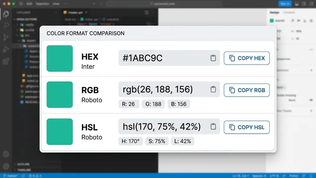Color format comparison panel showing the same sampled color displayed in three rows: HEX format showing hash code, RGB format showing three channel values, and HSL format showing hue saturation lightness values, each with a copy button and a color preview swatch on the left