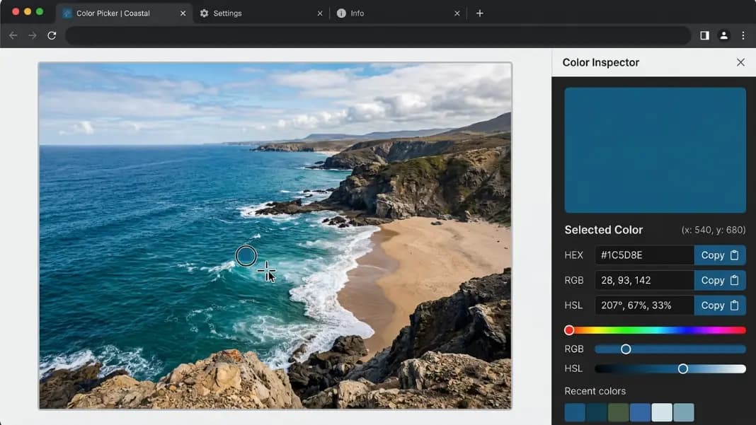 Image color picker tool interface showing an uploaded photo of a coastal landscape with a pixel selected near the water, color sample panel on the right displaying HEX code, RGB values, and HSL values for the selected point, with a copy button next to each format