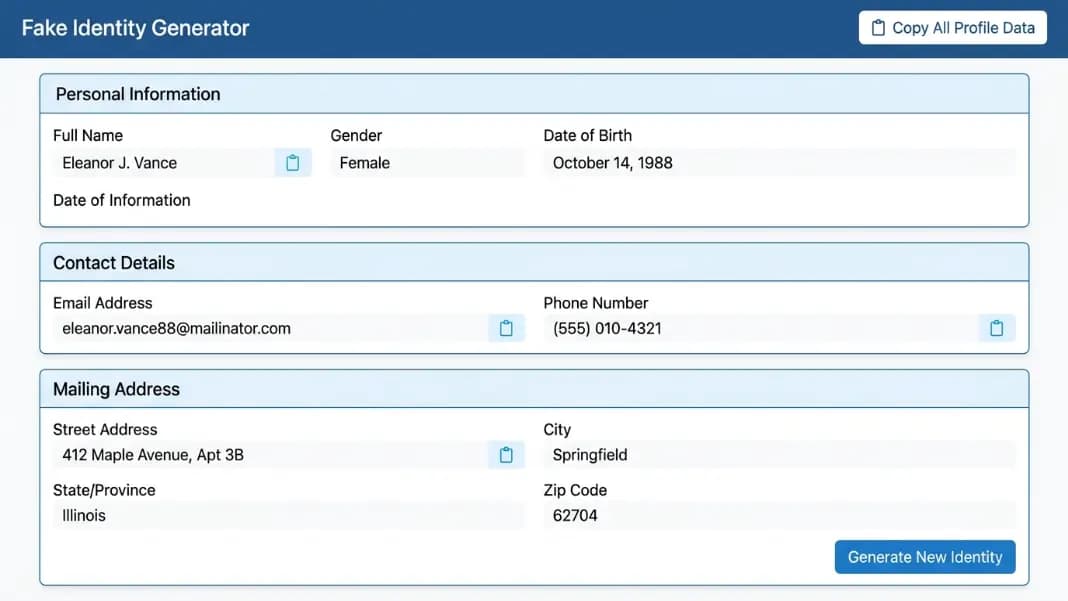 Fake identity generator tool interface showing a generated profile with name, email address, phone number, and mailing address fields filled in, with a copy all button at the top and individual copy icons next to each field, clean blue and white developer tool layout