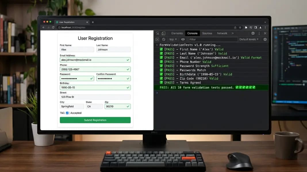 A web form on the left filled with fake identity data and a developer console on the right showing all validation checks passing, with the generated email and address highlighted
