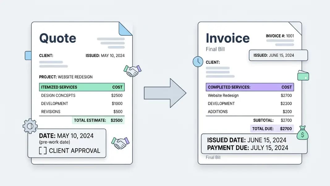 Side-by-side comparison of a business quote document on the left labeled Quote with a pre-work date and client approval field, and a business invoice document on the right labeled Invoice with a post-work completion date and payment due field, showing the document workflow from left to right