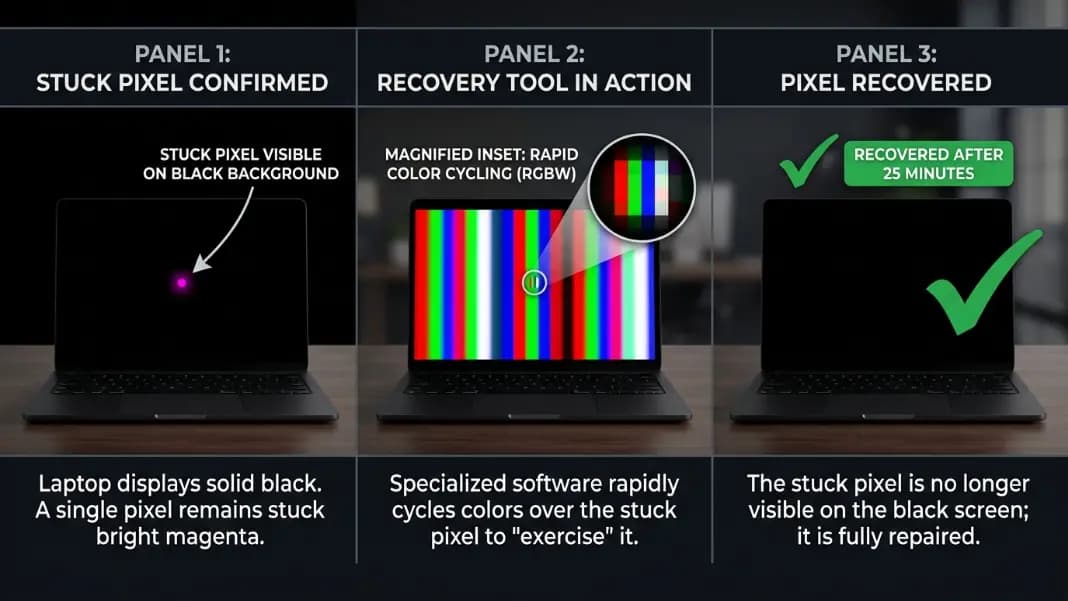 A three-panel diagram showing the stuck pixel recovery process: left panel shows a laptop screen with one colored stuck pixel dot visible on a black background confirming it is a stuck pixel not dead, center panel shows the cycling tool running over the pixel with a magnified view of the rapidly-changing color square, right panel shows the same laptop after recovery with no dot visible on the black background and a checkmark indicating successful recovery