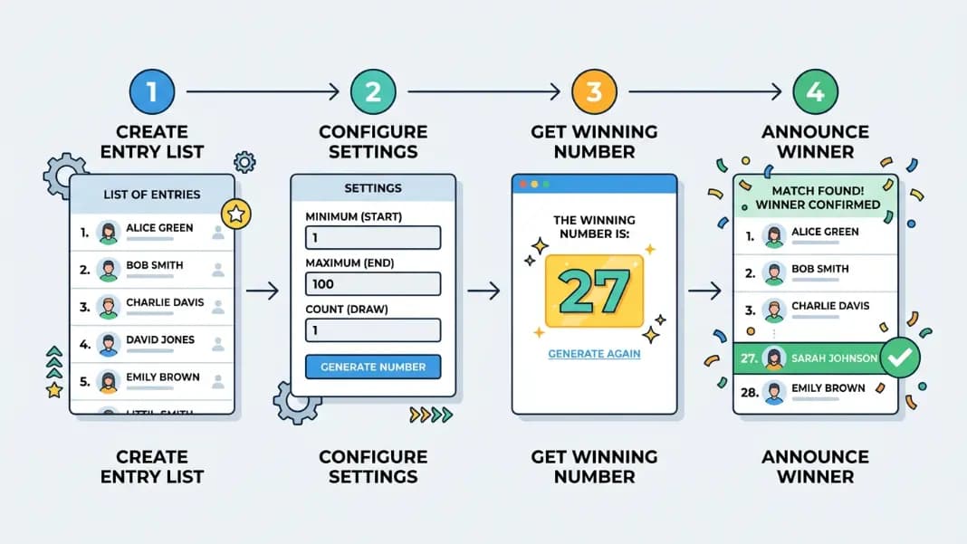 Four-step visual showing numbered entry list, random number generator settings panel with range and count fields, a highlighted winning number result, and a checkmark next to the matching entry name