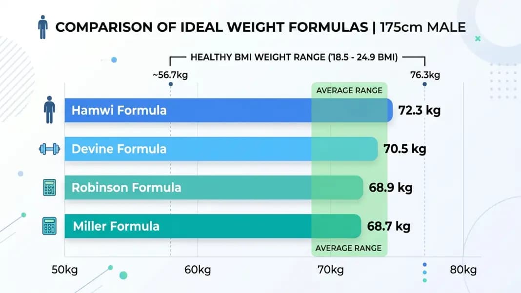 Comparison of four ideal weight formula results shown as horizontal bars for a 175cm male, Devine Robinson Miller and Hamwi formulas displayed with their individual outputs and an average range highlighted in green, healthy BMI range shown as a reference bracket above the bars