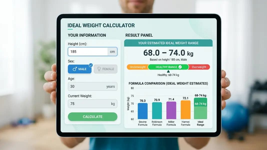 Ideal weight calculator tool showing input fields for height in centimeters and sex selection with male selected, result panel displaying a weight range of 68 to 74 kg with a bar chart comparing Devine Robinson Miller and Hamwi formula outputs side by side, health category indicator showing healthy range