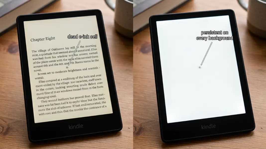 A side-by-side comparison showing two Kindle Paperwhite screens: left screen displays a page of body text with a small dark artifact visible between lines near the center of the screen labeled dead e-ink cell; right screen displays a fully white background with the front light at maximum brightness, the same dark spot visible clearly in the same position, demonstrating that the defect is persistent across different content types