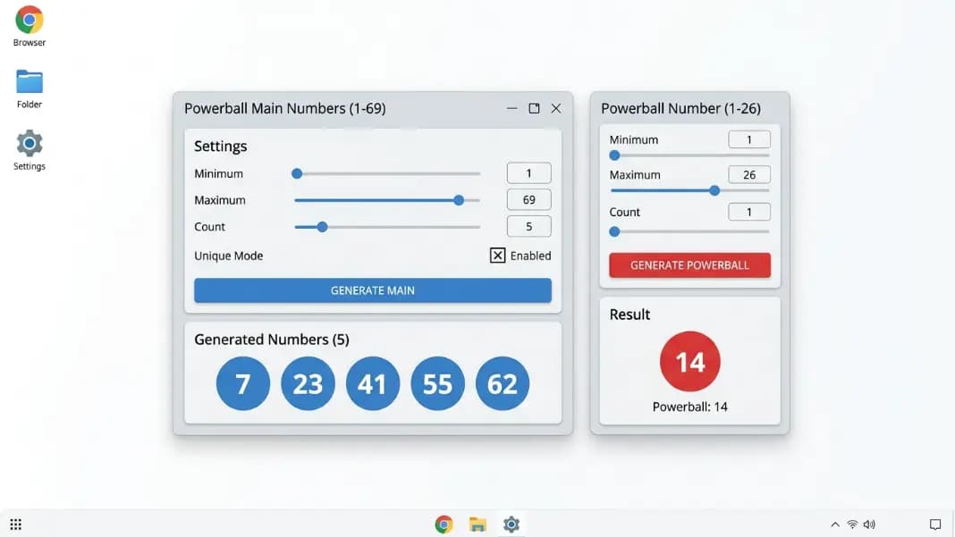 A number generator tool interface with two panels showing Powerball settings: the main panel has minimum 1, maximum 69, count 5, unique mode enabled, displaying five numbers 7, 23, 41, 55, 62; a smaller panel beside it shows minimum 1, maximum 26, count 1, with result 14 representing the Powerball number, on a white desktop background