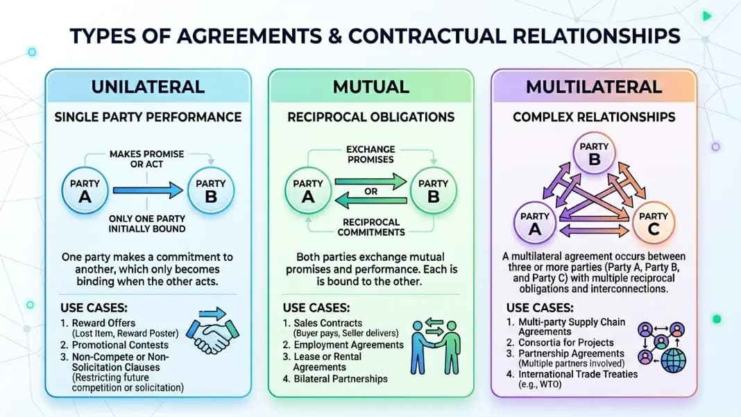 Three NDA types: unilateral, mutual, and multilateral shown with directional flow diagrams