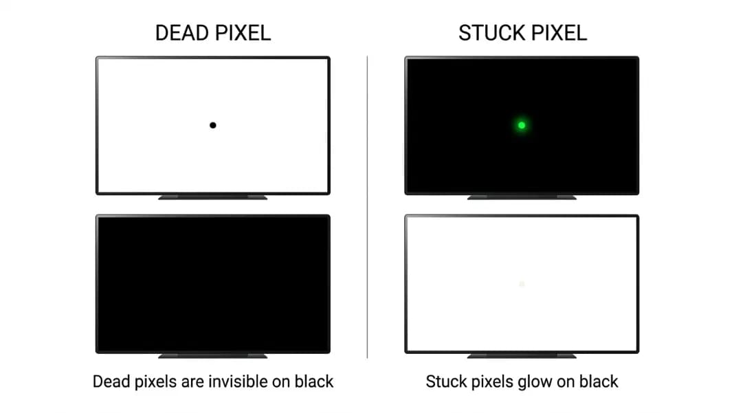A diagram showing two columns of OLED test results side by side: the left column labeled dead pixel shows a solid white screen with a sharp small black dot and a solid black screen with the dot completely invisible; the right column labeled stuck pixel shows a solid black screen with a bright green glowing dot clearly visible and a solid white screen with a faint off-color point in the same position, with labels explaining that dead pixels are invisible on black while stuck pixels glow on black