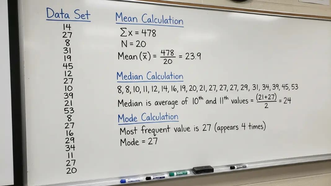 A classroom whiteboard showing 20 randomly generated numbers written in a column, with student calculations for mean, median, and mode visible alongside, used as a statistics class activity