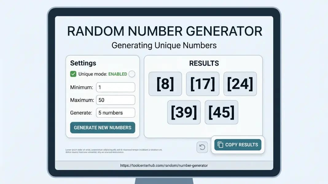 Random number generator showing unique mode enabled with five results from a range of 1 to 50 displayed, with none repeating, and a copy results button visible