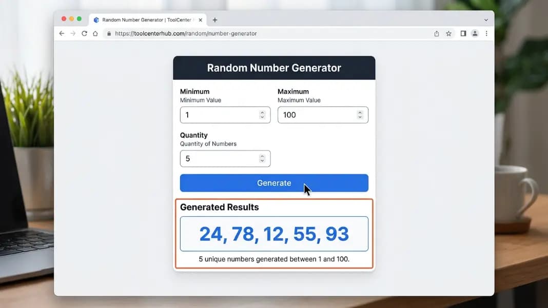 Random number generator interface showing a minimum field set to 1, maximum field set to 100, quantity set to 5, and a generate button with results displayed below