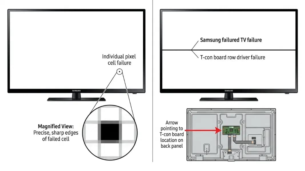 A diagram showing two Samsung TV failure types side by side: on the left, a TV screen displaying white background with a single small black dot near the lower center labeled individual pixel cell failure with a magnified inset showing the sharp pixel-defined edges; on the right, the same TV showing white background with a full-width horizontal black line labeled T-con board row driver failure with an arrow pointing to the back panel diagram showing the T-con board location