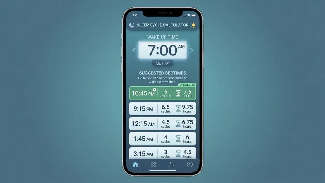 Sleep cycle calculator tool showing wake-up time set to 7:00 AM with five bedtime result rows listed below, the top row highlighted with a green recommended badge showing 10:45 PM for 5 sleep cycles and 7.5 hours of sleep, followed by 12:15 AM for 4 cycles at 6 hours, 1:45 AM for 3 cycles, 3:15 AM for 2 cycles, and 4:45 AM for 1 cycle, each row labeled with the total sleep duration in hours and minutes