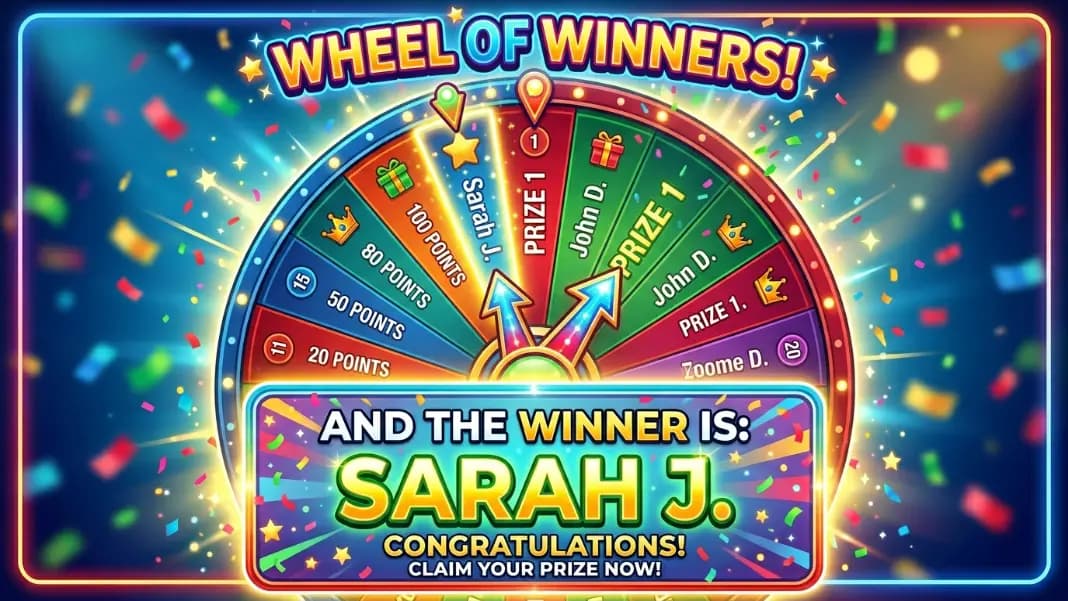 Wheel spinner result screen showing the winning segment highlighted in a bright color with the winner's name displayed in a large text panel below the wheel