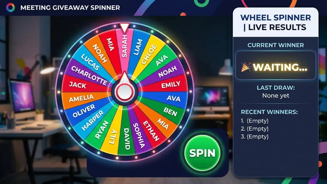 Wheel spinner interface showing twenty participant names on a colorful wheel, with a spin button below and a result announcement panel visible to the right