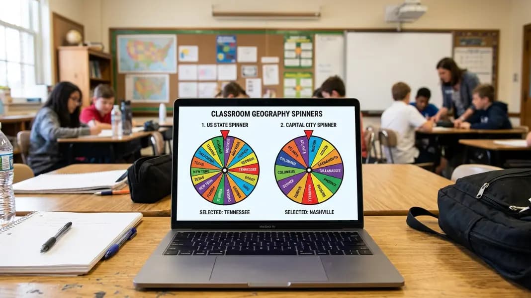 A split-screen showing two wheel spinner windows side by side on a laptop, one labeled States with US state names as segments pointing to Tennessee, and one labeled Capitals with capital city names as segments pointing to Nashville, in a classroom setting