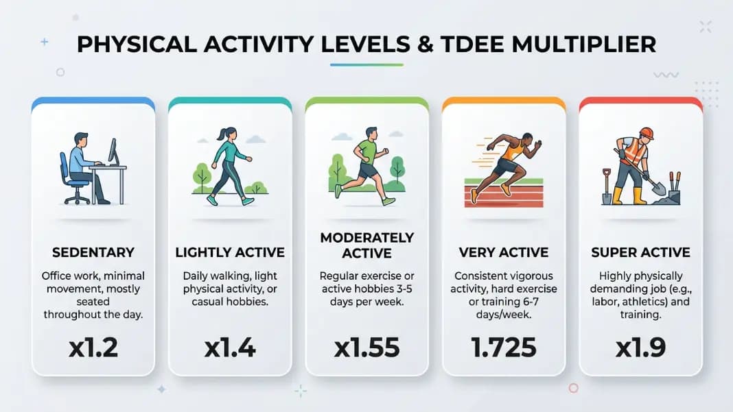 TDEE activity level multipliers from sedentary to extra active