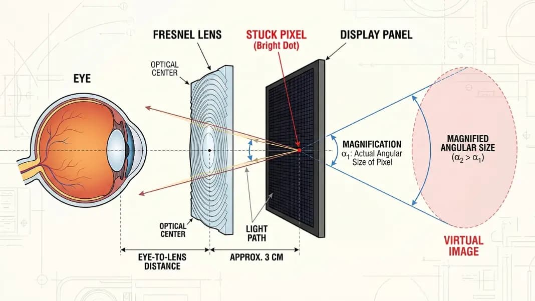 Close-up cross-section diagram showing the optical path inside a VR headset, with the display panel on the right sitting approximately 3 centimeters behind the Fresnel lens on the left, and an eye icon on the far left, with a bright stuck pixel dot marked on the display panel and arrows showing how the lens magnifies its angular size as seen by the eye