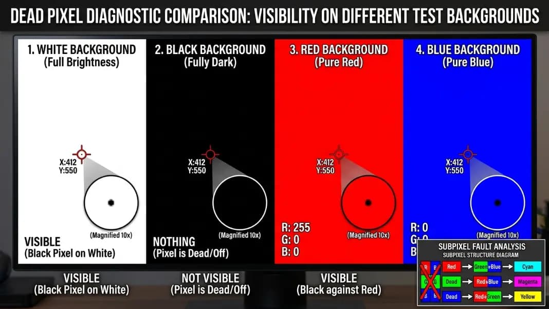 A side-by-side comparison across four color test backgrounds showing the same dead pixel position: appearing as a clear black dot on white, completely invisible on black, visible as a black dot on red, and visible as a black dot on blue, with a small labeled diagram showing RGB subpixel structure and which color a pixel shows when one subpixel fails: cyan for dead red, magenta for dead green, yellow for dead blue