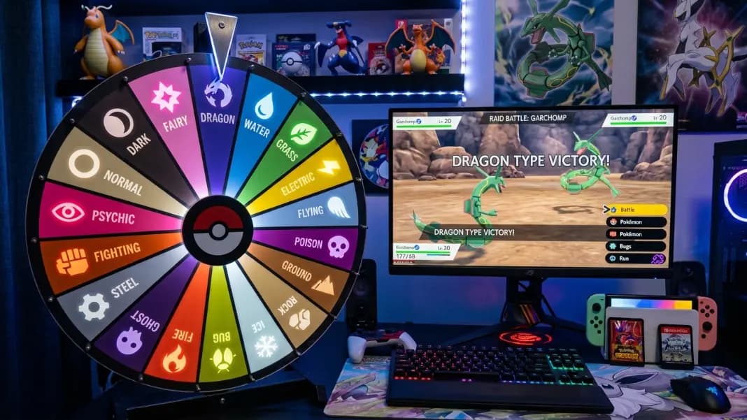 A wheel spinner showing 18 Pokemon types as colored segments including Fire in red, Water in blue, Grass in green, and Electric in yellow, with the result arrow pointing to Dragon, displayed on a gaming monitor beside a Pokemon cartridge and a notebook with team notes