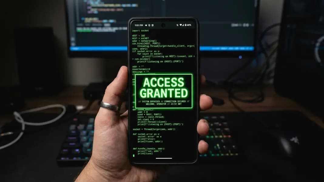 A smartphone showing Hacker Typer in fullscreen with the ACCESS GRANTED overlay active in large glowing green text, overlaid on a terminal full of Python networking code, held at arm's length by a hand, showing the full phone screen edge to edge