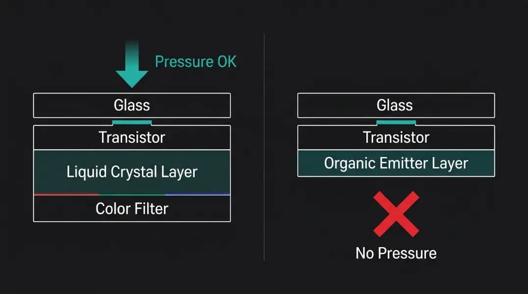 Side-by-side cross-section diagram on a dark background showing an LCD pixel structure on the left with a liquid crystal layer and transistor labeled, and an OLED pixel structure on the right with an organic emitter layer labeled, arrows below the LCD showing pressure technique applicable and a red X below the OLED showing pressure not applicable, clean technical illustration with white and teal labels