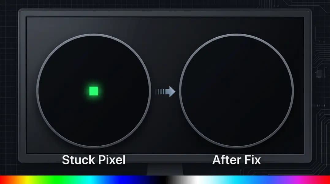 Close-up of a monitor screen with a magnified circular inset showing a single bright green pixel against a dark background, labeled Stuck Pixel in white text, beside a second inset showing the same area after running a stuck pixel fixer with no visible pixel artifact, both panels on a dark technical background with a color cycling gradient strip at the bottom