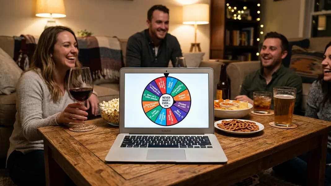 A laptop screen showing a wheel spinner with twelve custom segments containing never have I ever statements, on a wooden coffee table during a small evening gathering with snacks and drinks visible around the laptop