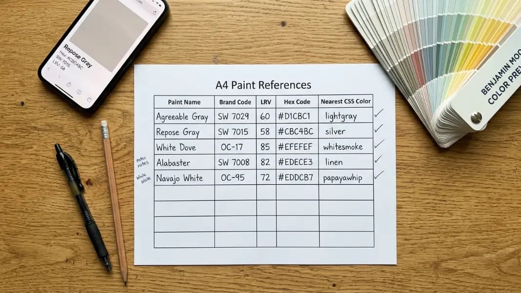 A close-up view of a paint color naming worksheet on a desk showing columns for paint name, brand code, LRV value, hex code equivalent, and nearest CSS named color, with a fan deck open alongside it and a phone running a color name finder tool