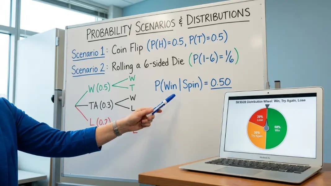 A whiteboard showing three probability scenarios with a wheel spinner displayed on a laptop beside it, the wheel showing a 50/30/20 distribution with segments labeled Win, Try Again, and Lose, used as a teaching demonstration