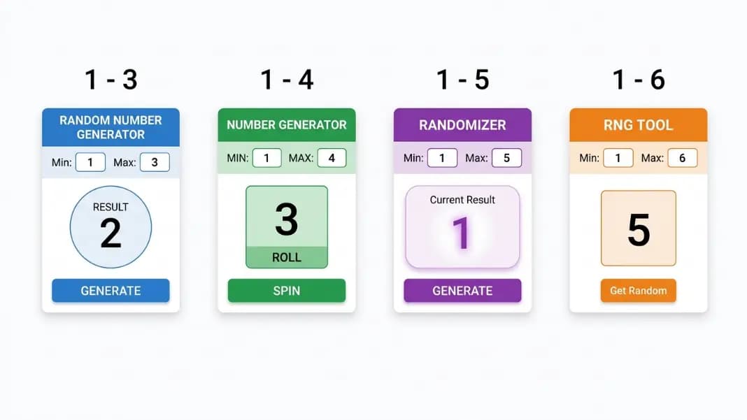 A random number generator interface showing four different configurations side by side: min 1 max 3 displaying result 2, min 1 max 4 displaying result 3, min 1 max 5 displaying result 1, and min 1 max 6 displaying result 5, each configuration labeled above with its range