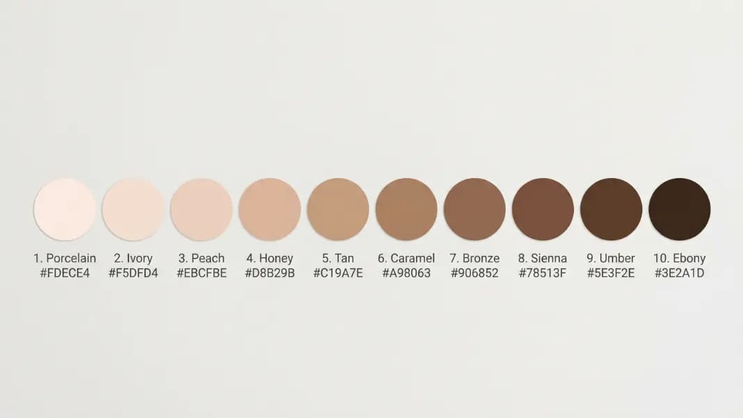 A horizontal row of skin tone swatches ranging from very pale porcelain on the left through ivory, peach, honey, tan, caramel, bronze, sienna, umber, and ebony on the right, each labeled with its color name and approximate hex code, displayed against a neutral white background