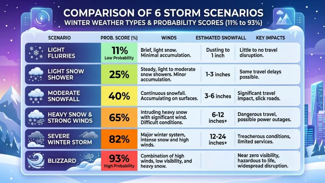 Comparison table showing snow day probability estimates for six weather scenarios from light flurries at 11 percent to a nor-easter blizzard at 93 percent, each row showing snowfall amount, temperature, wind speed, region, and probability score, with color coding from green for low probability through yellow for moderate to dark red for near-certain cancellation