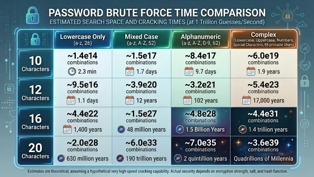 Entropy comparison showing password search space at lengths 10, 12, 16, and 20 characters across lowercase-only, letters-only, letters and digits, and all character type configurations with brute force time estimates