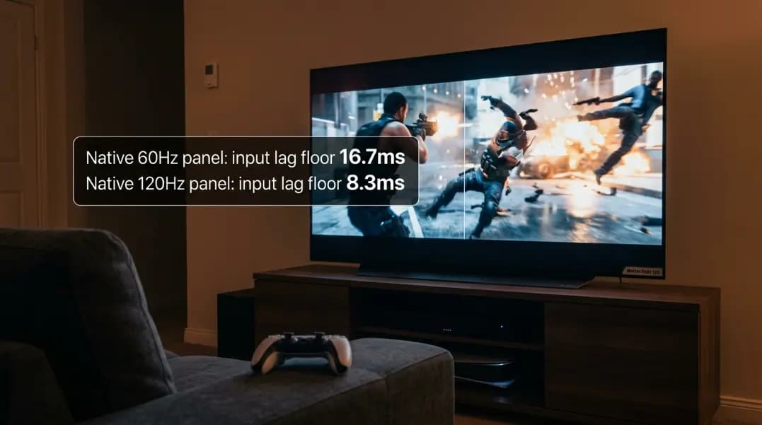 A flatscreen TV on a dark entertainment unit with a PS5 controller resting on a sofa armrest in the foreground, the screen showing a paused game scene with an on-screen overlay tooltip comparing input lag floor of 16.7ms for a native 60Hz panel versus 8.3ms for a native 120Hz panel, with a faint Motion Rate 120 label visible on the lower right of the TV bezel