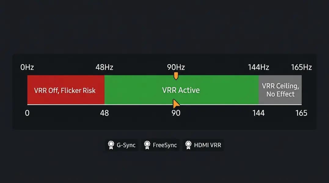 VRR frequency range diagram showing a horizontal bar from 0Hz to 165Hz with a green zone labeled VRR Active between 48Hz and 144Hz, a red zone below 48Hz labeled VRR Off and flicker risk, and a grey zone above 144Hz labeled VRR ceiling with no effect, an orange marker at 90Hz sitting inside the green active zone