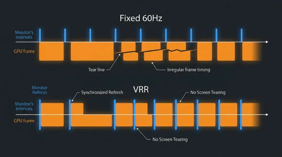 Variable refresh rate diagram showing a monitor receiving frames at irregular intervals from a GPU, with the display syncing its refresh timing to match each frame arrival rather than running at a fixed 60Hz cycle, illustrated with a timeline comparison of fixed-rate tearing versus VRR smooth output