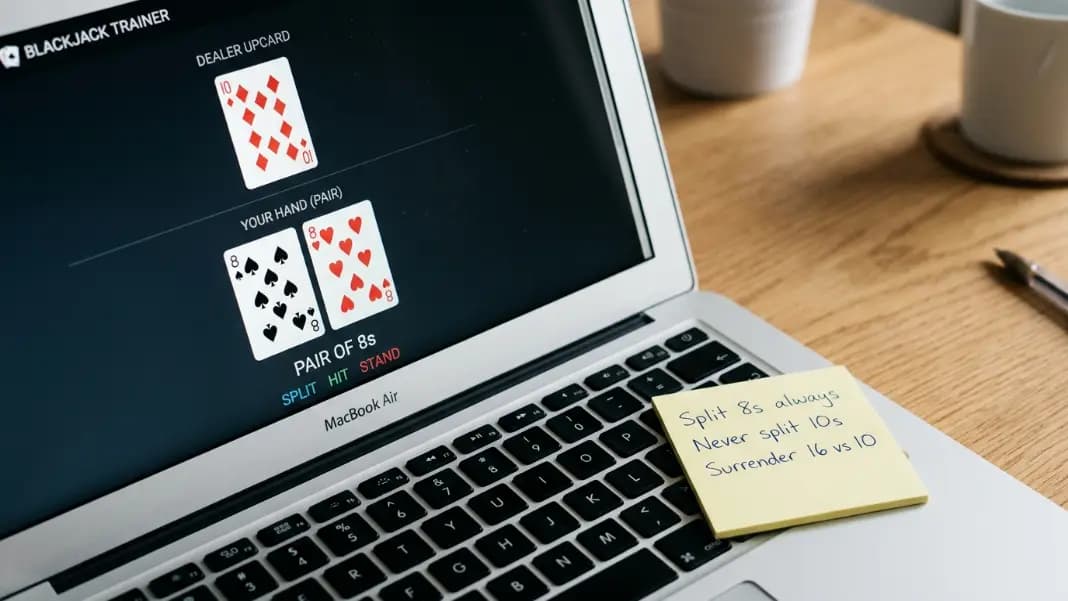 A close-up of a laptop screen showing two 8s drawn from a digital card picker displaying the pair against a dealer upcard of 10, with a sticky note beside the keyboard showing the words Split, Never Split 10s, Surrender 16 vs 10 A close-up of a laptop screen showing two 8s drawn from a digital card picker displaying the pair against a dealer upcard of 10, with a sticky note beside the keyboard showing the words Split, Never Split 10s, Surrender 16 vs 10