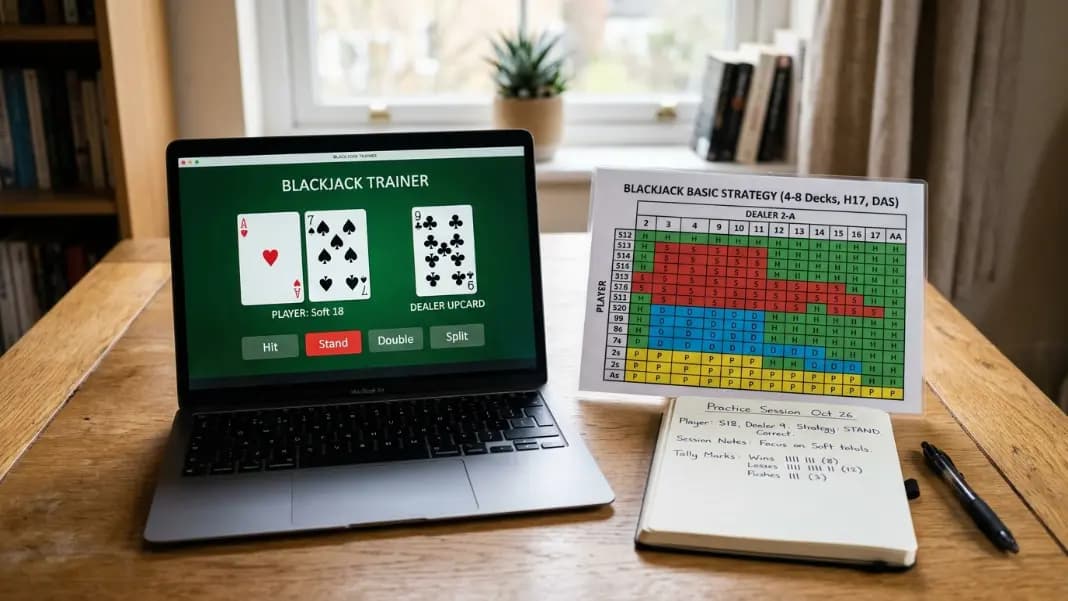 A digital card picker on a laptop screen showing a hand of Ace of hearts and 7 of spades with a dealer upcard of 9 of clubs, beside a printed blackjack basic strategy chart on a plain desk with a notebook open to handwritten practice notes A digital card picker on a laptop screen showing a hand of Ace of hearts and 7 of spades with a dealer upcard of 9 of clubs, beside a printed blackjack basic strategy chart on a plain desk with a notebook open to handwritten practice notes